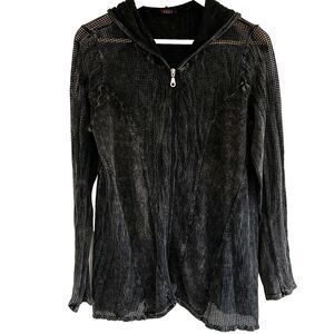 T Party Zip Front Jacket Size Large Mesh Open Knit Hoodie Grey Grunge